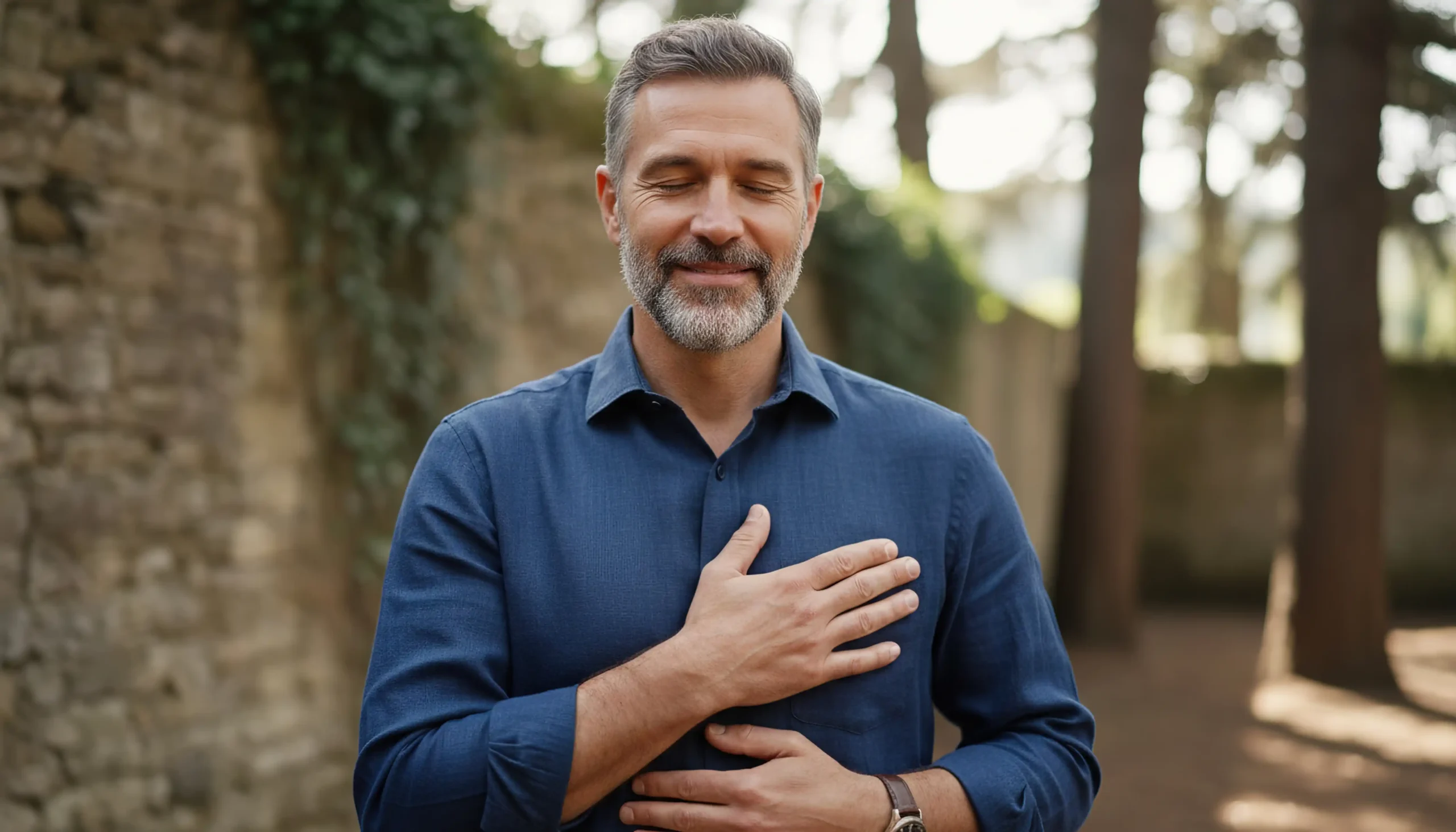 A middle-aged man with graying hair and a beard, wearing a blue collared shirt, stands outdoors with his eyes closed and a peaceful smile. His hands are placed over his heart and stomach in a gesture of mindfulness or gratitude, with a soft-focus background of a stone wall and trees.