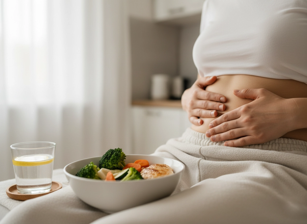 Woman holding her stomach gently after eating a low-FODMAP meal of grilled chicken and steamed vegetables, representing SIBO dietary management and gut health.