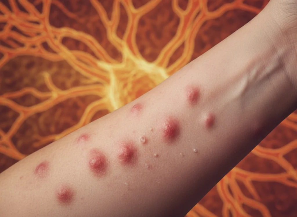 Close-up of an arm displaying red hives and skin rash symptoms associated with Mast Cell Activation Syndrome (MCAS) set against a stylized background of hyperactive immune cells.