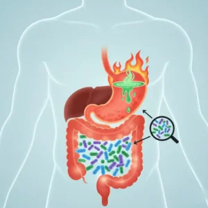 An illustration showing the connection between acid reflux and SIBO. The image displays a human torso with an inflamed stomach experiencing acid reflux, and an overgrowth of bacteria in the small intestine, viewed under a magnifying glass.