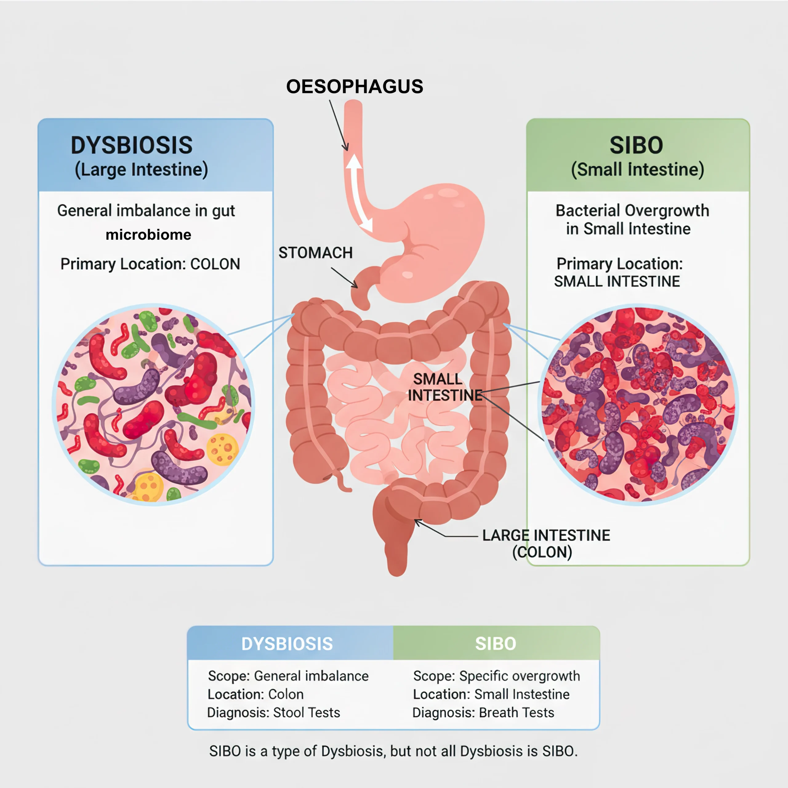 A medical illustration comparing Dysbiosis in the large intestine to SIBO (Small Intestinal Bacterial Overgrowth). The diagram shows the esophagus, stomach, small intestine, and large intestine. The large intestine on the left is labeled "Dysbiosis (Large Intestine)" with a magnified view of mixed, varied bacteria. The small intestine on the right is labeled "SIBO (Small Intestine)" with a magnified view of dense, less varied bacteria producing gases (H2, CH4, H2S). A table below summarizes the scope, location, and diagnosis methods for both conditions.