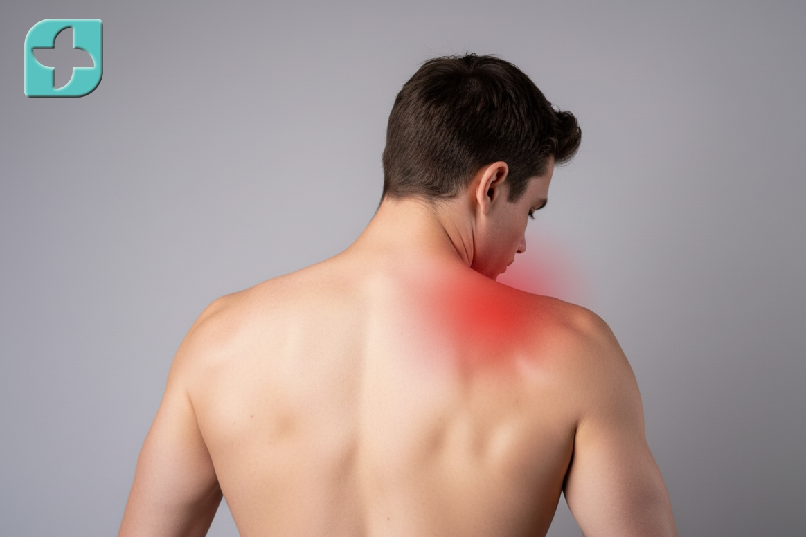 Diagram showing the link between left shoulder blade pain and digestive system health