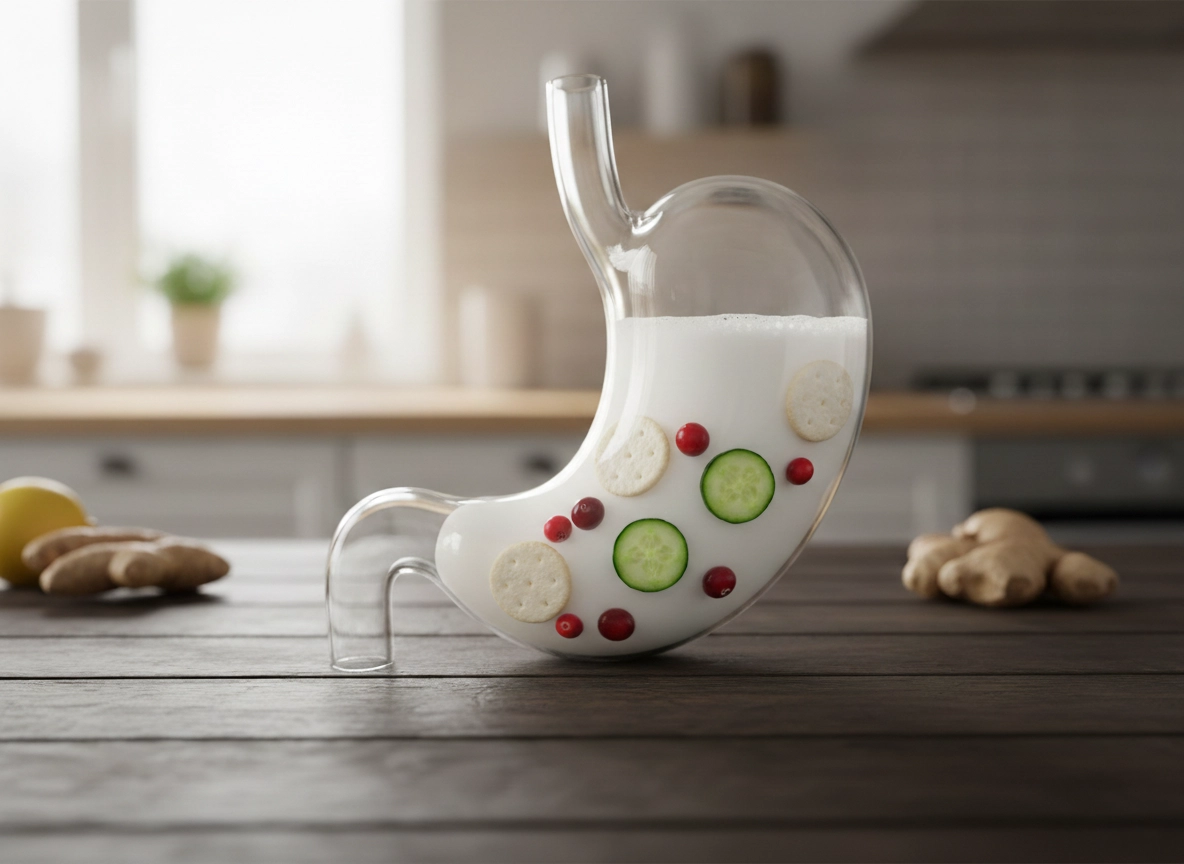 Glass stomach model on a wooden table illustrating digestion and low stomach acid concepts.