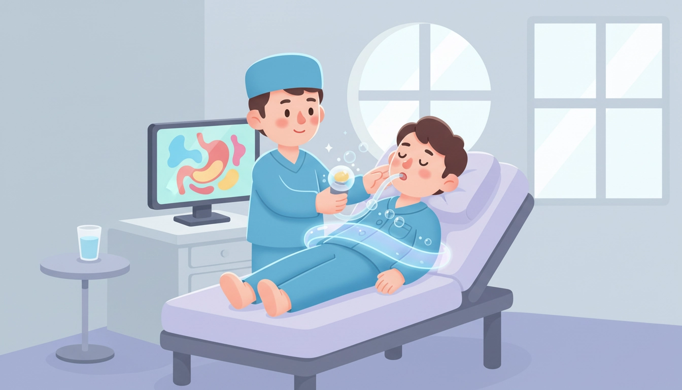 An illustration of a male patient lying comfortably on a hospital bed while a friendly male doctor performs a gastroscopy. The patient appears calm and asleep, and the overall scene is depicted in soft, reassuring colors.