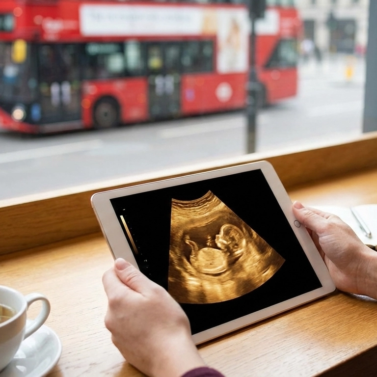 A person's hands holding a digital tablet displaying a detailed, golden-hued 4D ultrasound scan. They are sitting at a wooden counter next to a white coffee cup, looking out a window at a blurred street scene featuring an iconic red double-decker London bus.