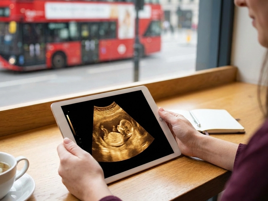 A person's hands holding a digital tablet displaying a detailed, golden-hued 4D ultrasound scan. They are sitting at a wooden counter next to a white coffee cup, looking out a window at a blurred street scene featuring an iconic red double-decker London bus.
