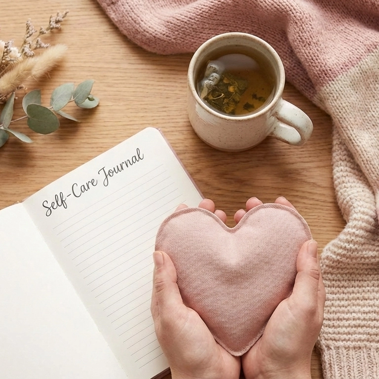 A top-down view of a wooden table featuring two hands gently holding a soft pink, heart-shaped fabric compress. Beside the hands is an open notebook titled "Self-Care Journal," a ceramic mug of steaming herbal tea, a cozy pink and cream knitted blanket, and delicate dried botanicals.