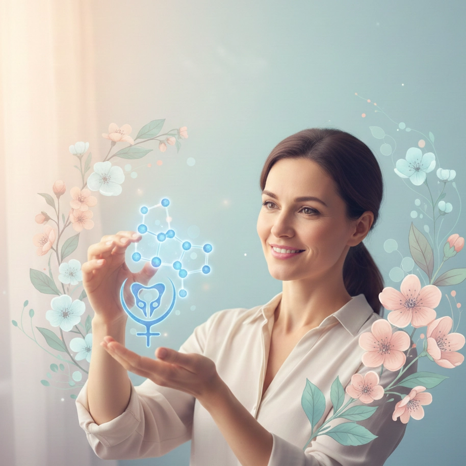 A smiling woman gently holds a glowing blue holographic symbol combining a uterus, the female gender sign, and a molecular structure. She is framed by delicate pastel flowers against a soft blue background.