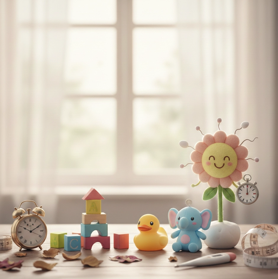 A brightly lit table featuring soft baby toys, wooden blocks, and a rubber duck placed alongside tracking tools like an alarm clock, a thermometer, and a smiling felt flower holding a small stopwatch.