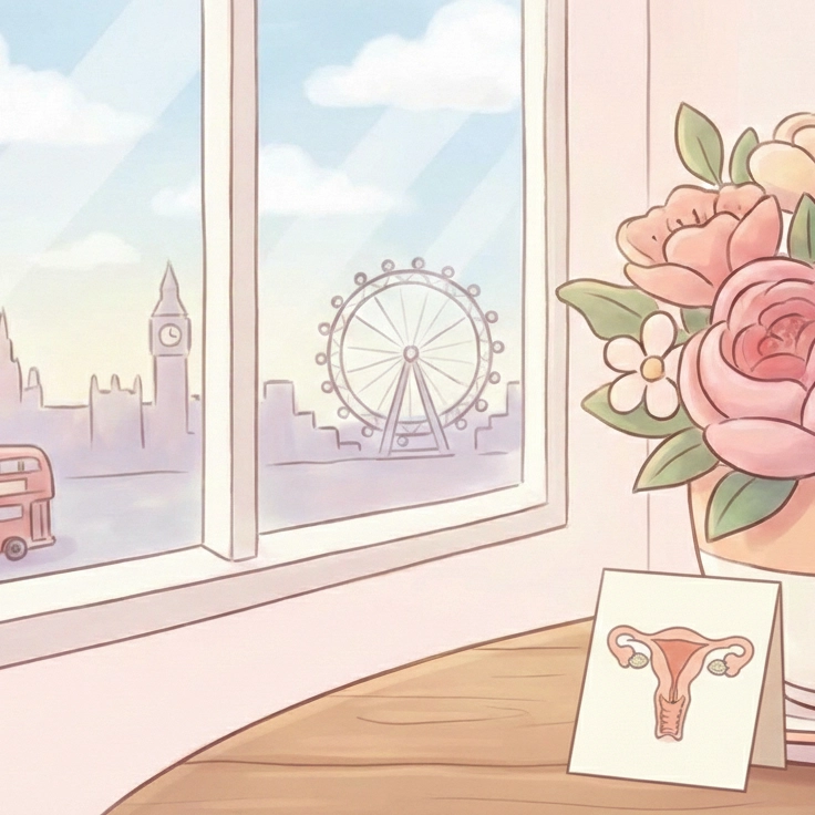 A soft, pastel-colored illustration showing a window view of the iconic London skyline, including the London Eye, Big Ben, and a red double-decker bus. In the foreground, resting on a wooden desk, is a vase filled with lush pink flowers beside a small, elegant card displaying a simple anatomical line drawing of the female reproductive system.