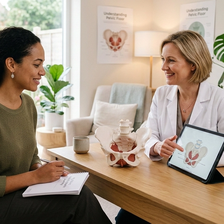A smiling female doctor in a white coat explains a digital diagram of a pelvis on a tablet to an engaged female patient taking notes. A 3D anatomical model of a female pelvis sits on the desk between them in a bright, welcoming consultation room.