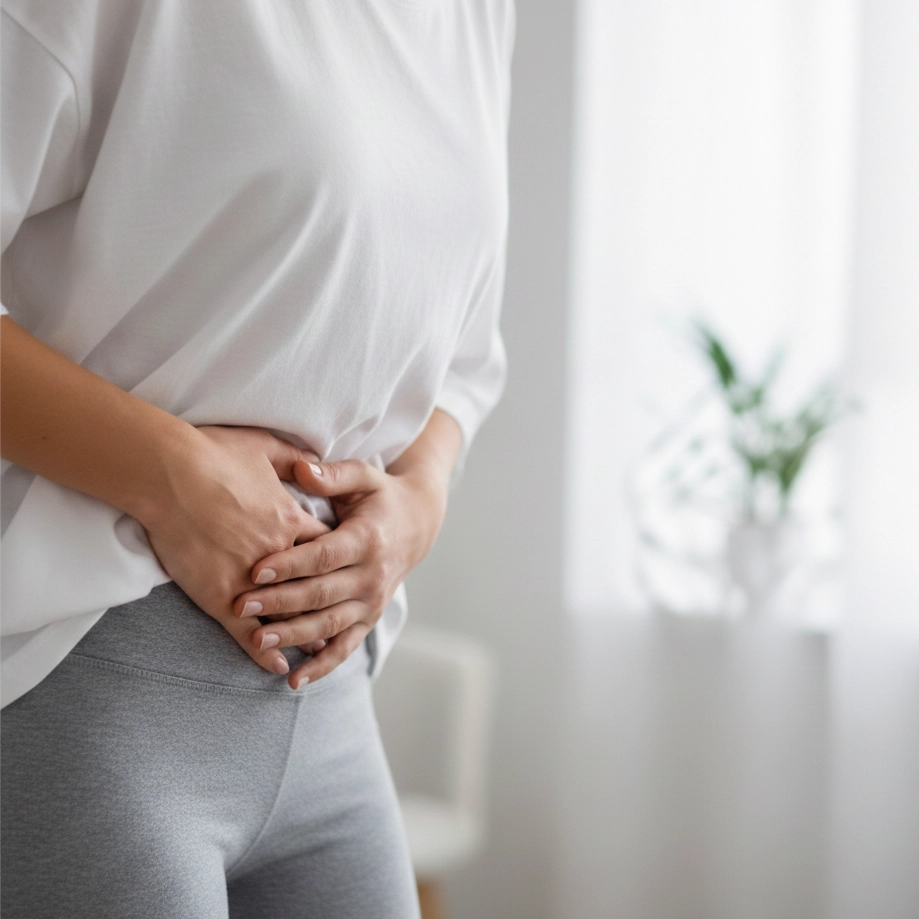Midsection of a woman in a white t-shirt and grey leggings holding her lower abdomen, experiencing pelvic pain or discomfort, in a soft-lit room.