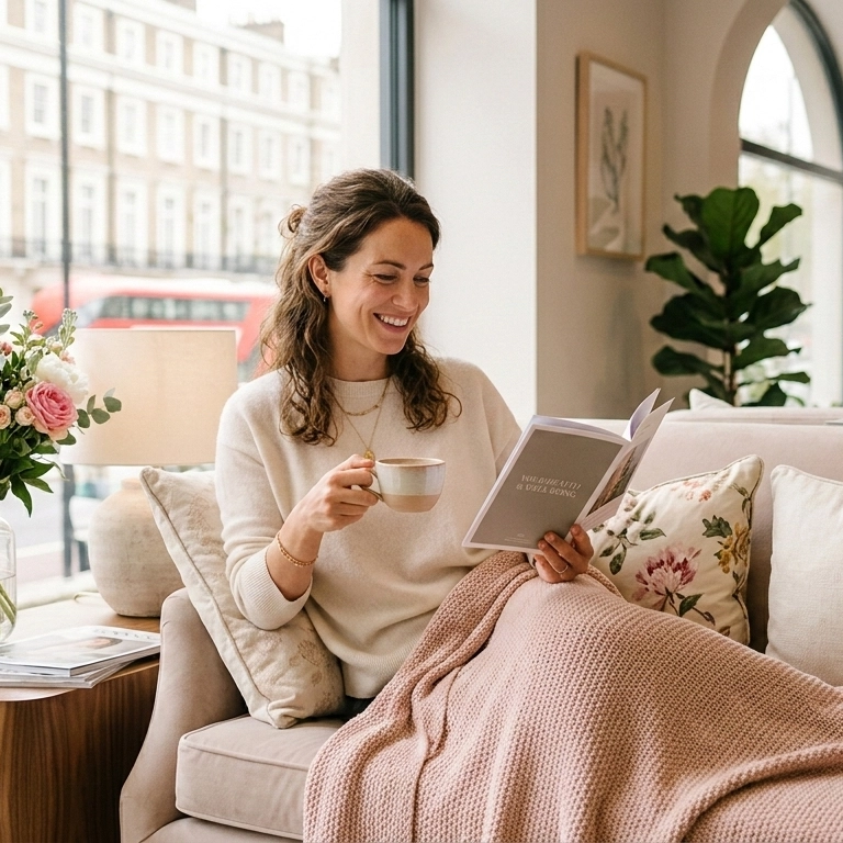 A smiling woman relaxing on a comfortable sofa with a pink knitted blanket, holding a warm mug and reading a women's health booklet in a bright, welcoming London clinic waiting room.