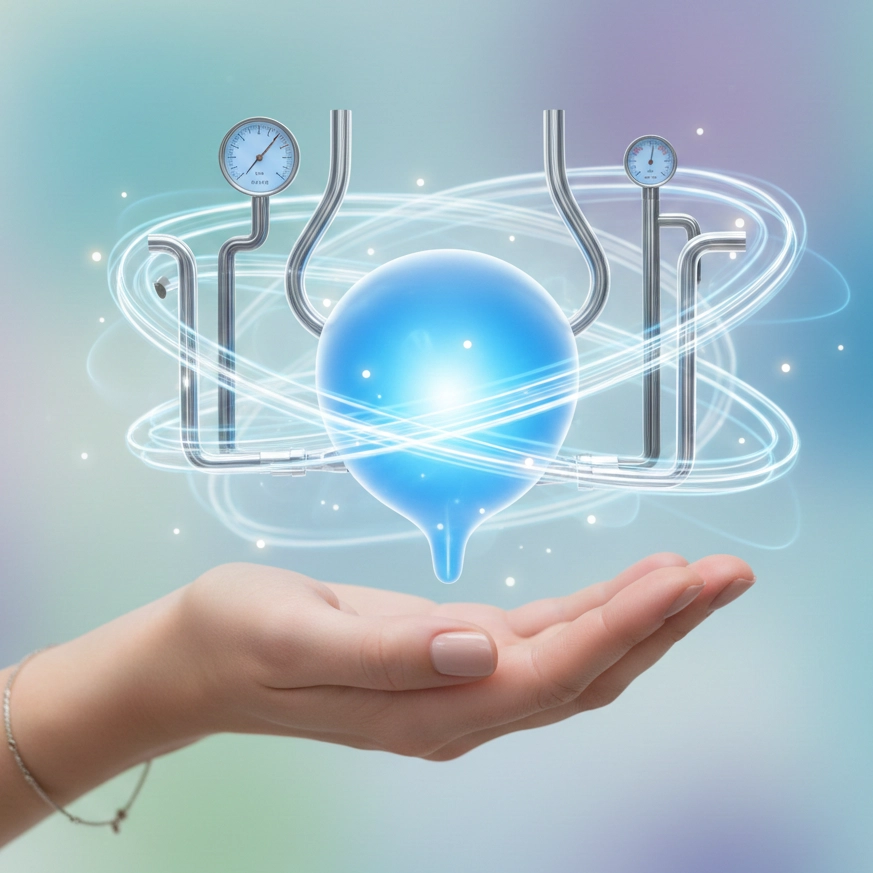 A conceptual medical illustration showing a gentle hand supporting a glowing, translucent blue representation of a bladder. The bladder is connected to stylized metallic pipes and analog pressure gauges, surrounded by dynamic, swirling rings of light against a soft pastel background.
