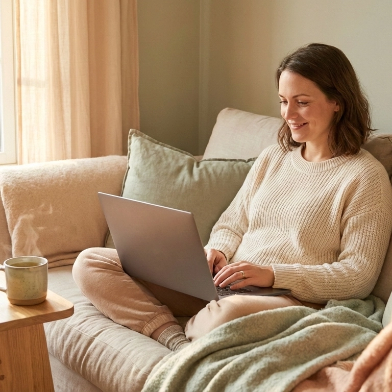 A smiling woman sitting comfortably on a cozy couch, looking at her laptop with a steaming mug on the table beside her.