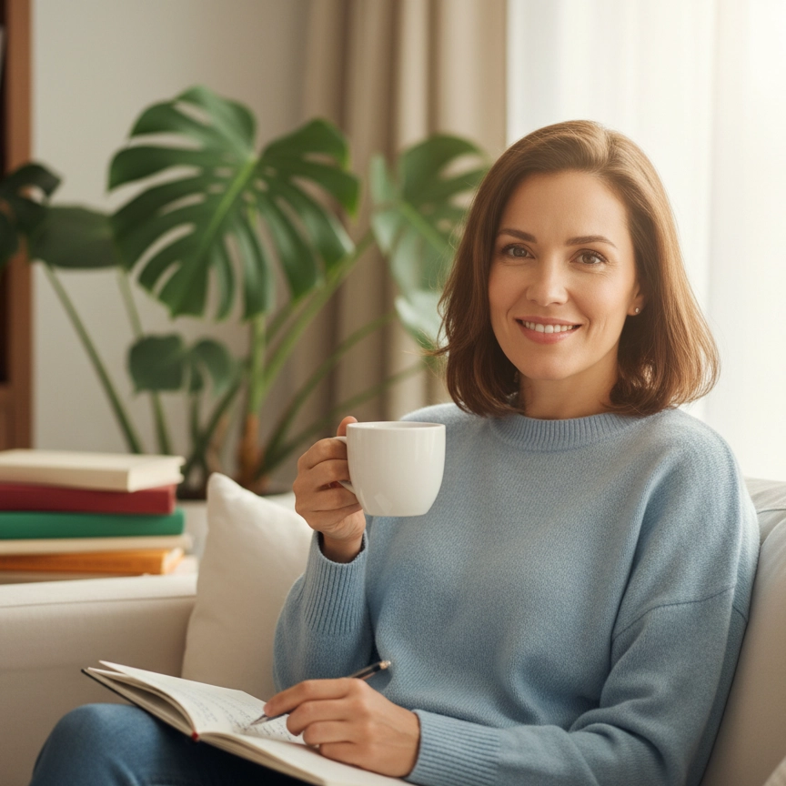 A relaxed woman sitting on a sofa with a warm mug and a journal, representing the relief of finding endometriosis answers.