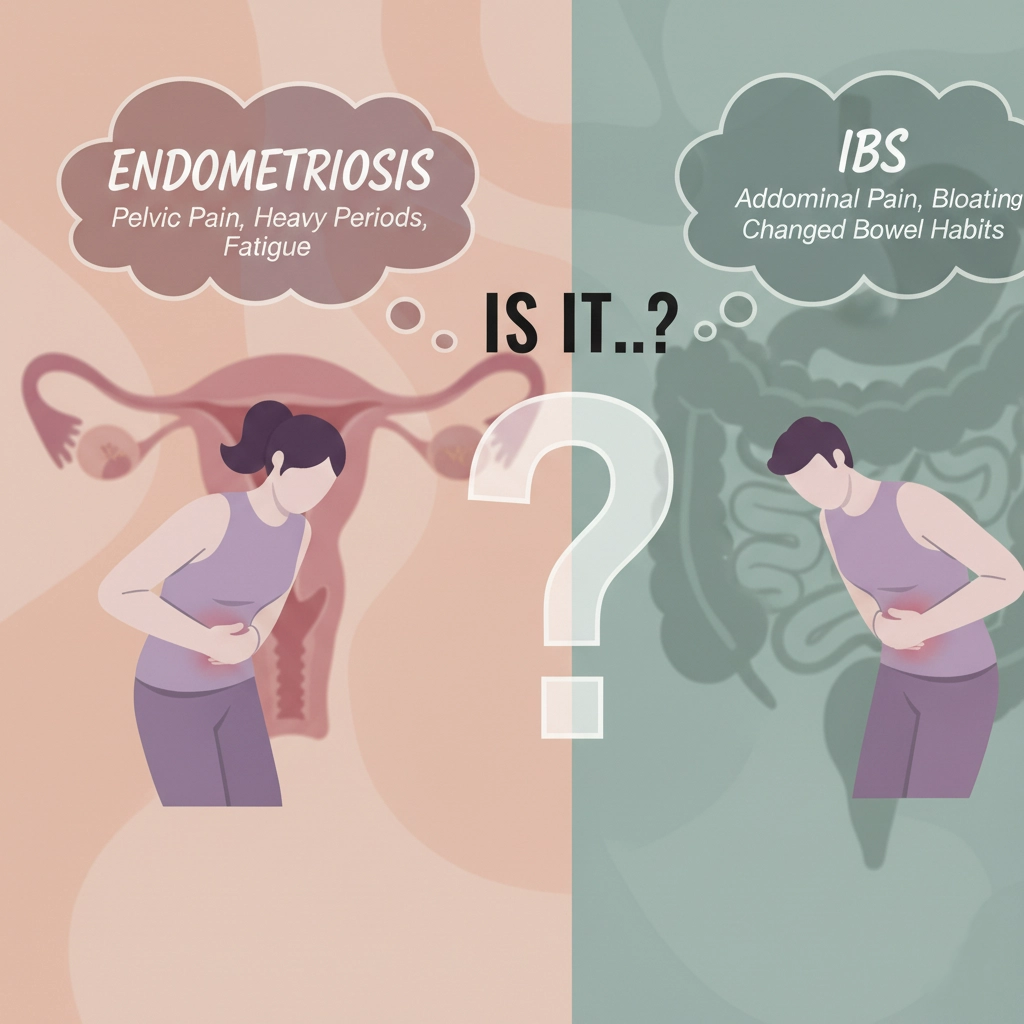 Side-by-side infographic comparing Endometriosis and IBS. The left side features a uterus illustration listing Endometriosis symptoms: pelvic pain, heavy periods, fatigue. The right side features an intestine illustration listing IBS symptoms: abdominal pain, bloating, changed bowel habits. A large question mark in the center asks "Is it..?"