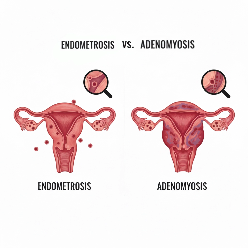 A side-by-side medical illustration comparing endometriosis and adenomyosis. The left shows endometrial-like tissue growing outside a normal-sized uterus on the ovaries and pelvic cavity. The right shows an enlarged uterus with tissue growing deep within the muscular uterine wall.