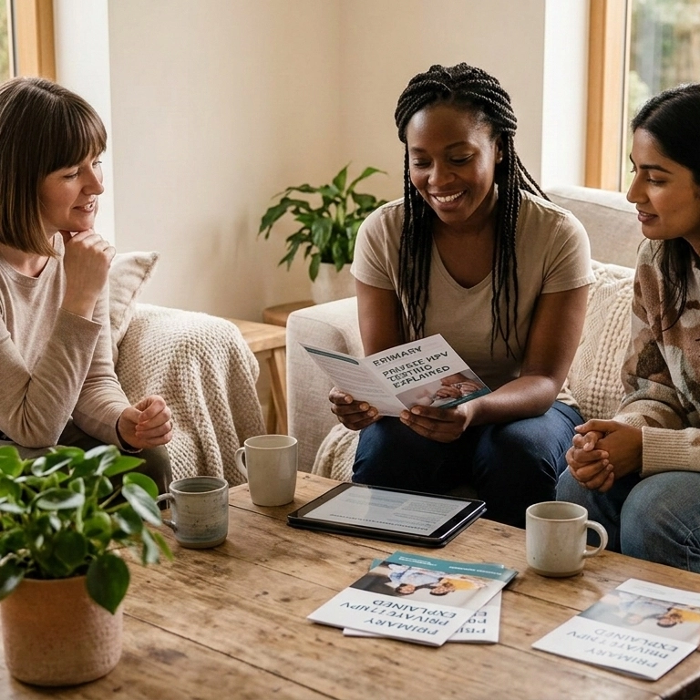 Three diverse women sitting comfortably around a coffee table in a brightly lit room, smiling as they read and discuss an informative health brochure together.
