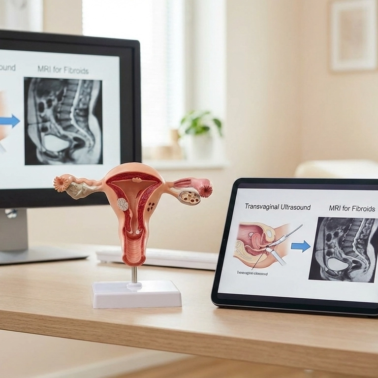 A bright consultation desk in a clinic featuring a 3D anatomical model of the female reproductive system. Next to it, a tablet displays a patient education slide comparing a diagram of a Transvaginal Ultrasound with an MRI scan for fibroids. A computer monitor in the background shows similar MRI imaging.