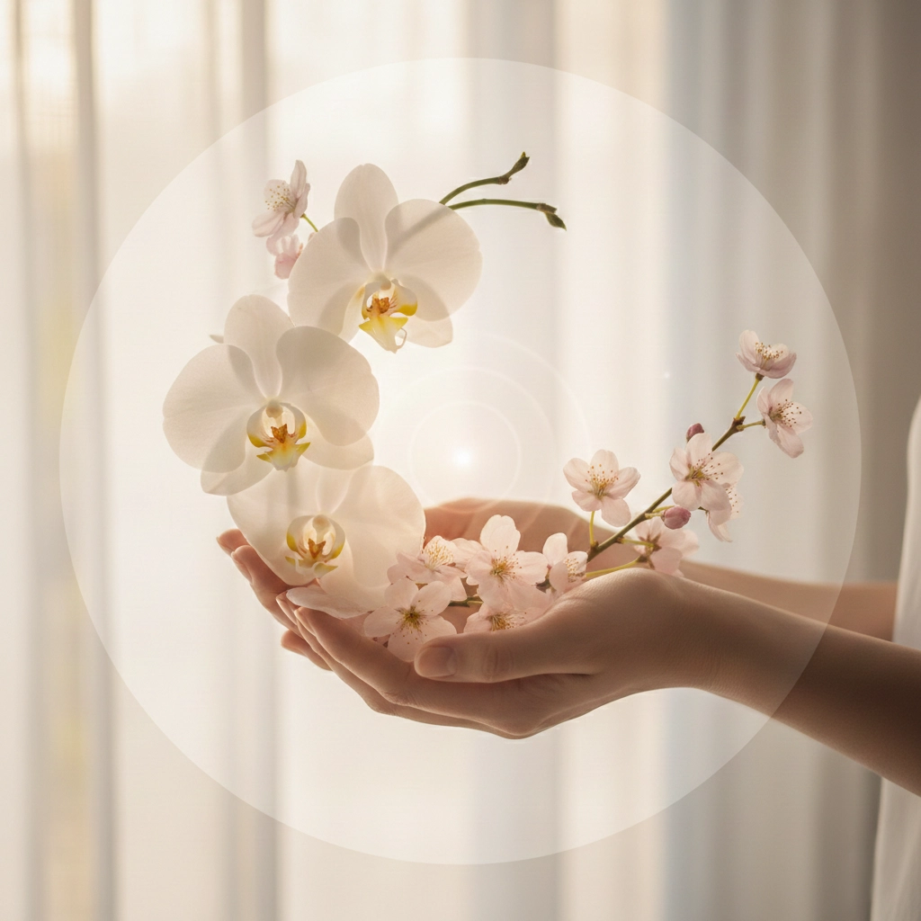 Close-up of gentle hands carefully holding delicate white orchids and light pink cherry blossoms, bathed in soft, warm light.