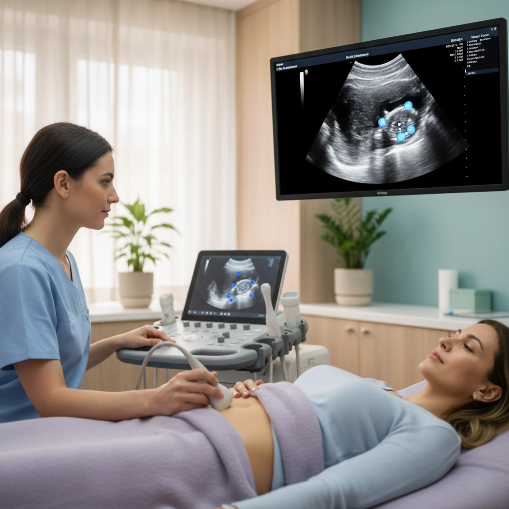 A relaxed female patient undergoing a specialist ultrasound mapping scan for deep infiltrating endometriosis in a calming and comfortable clinic setting.