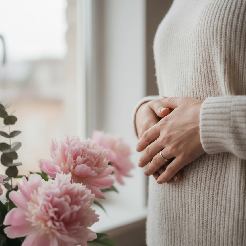A woman gently resting her hands on her lower abdomen next to a vase of pink peonies, representing endometriosis and fertility planning at LSDC London.