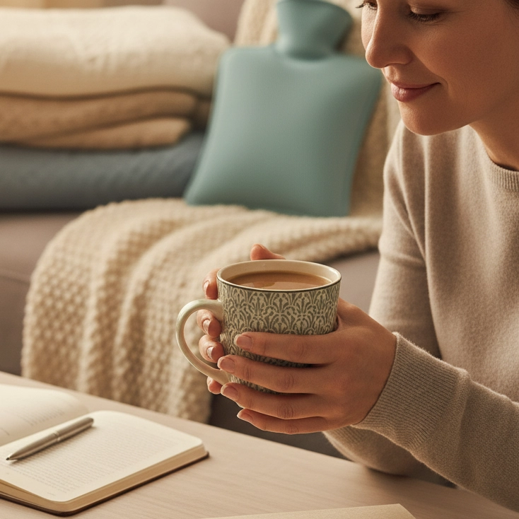 Woman in her 40s holding a warm tea mug next to a hot water bottle and journal, researching adenomyosis treatment options.
