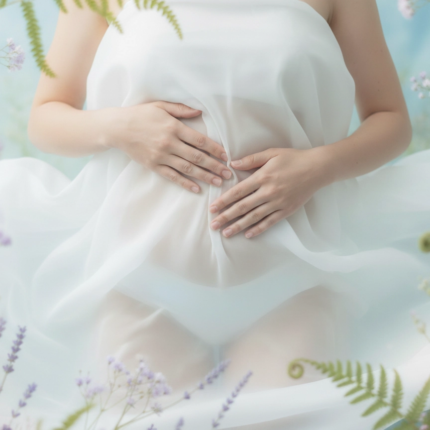 A woman gently cradling her lower abdomen, draped in soft white fabric among delicate flowers, symbolizing pelvic health and endometriosis care.