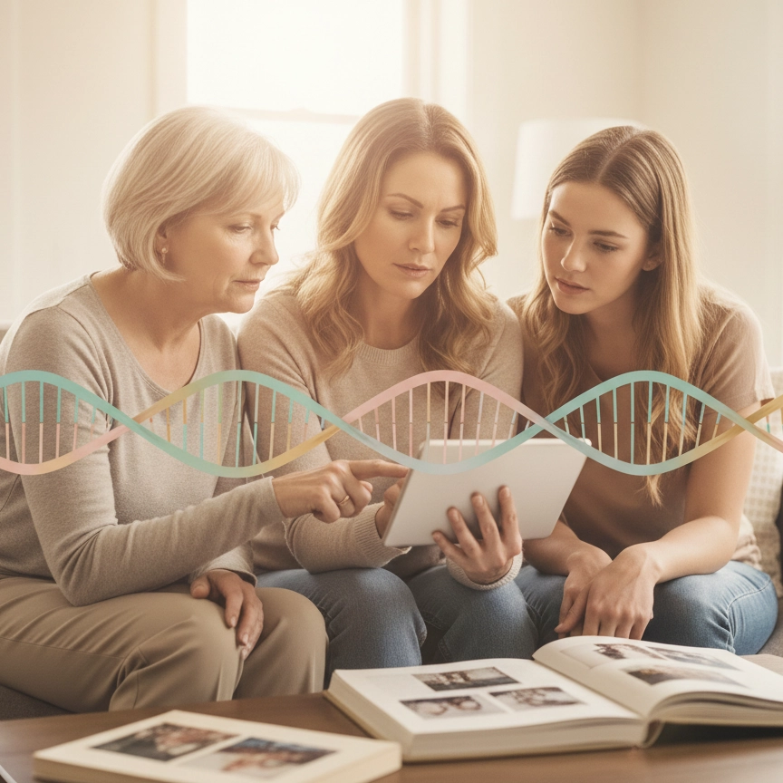 Three generations of women sitting on a sunlit couch looking at a tablet together, with a colorful DNA double helix graphic overlaid, representing the genetic links and family history of endometriosis.