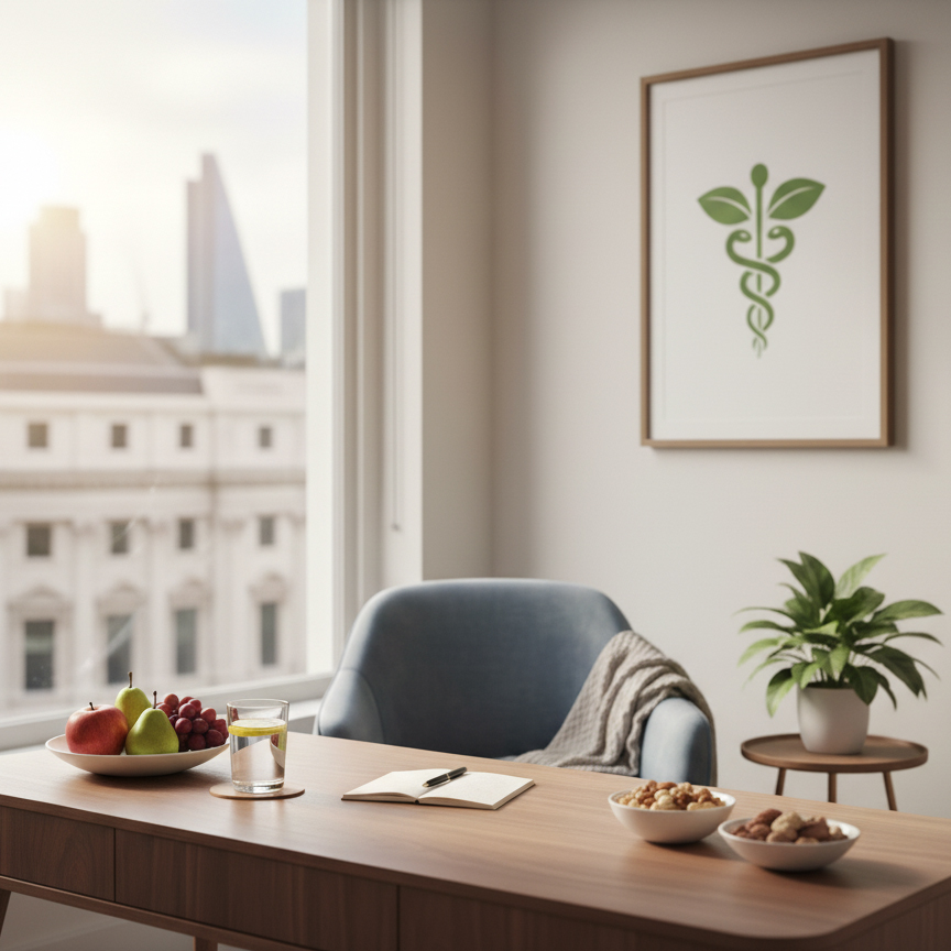 A bright, modern dietetics consultation room in Central London with a fruit bowl, nuts, and water on a wooden desk, and a Caduceus symbol with a leaf on the wall
