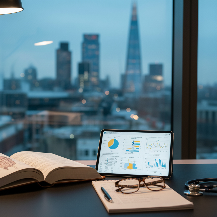 Close-up of a professional workstation with medical tools and digital health analytics, overlooking the London cityscape at dusk.