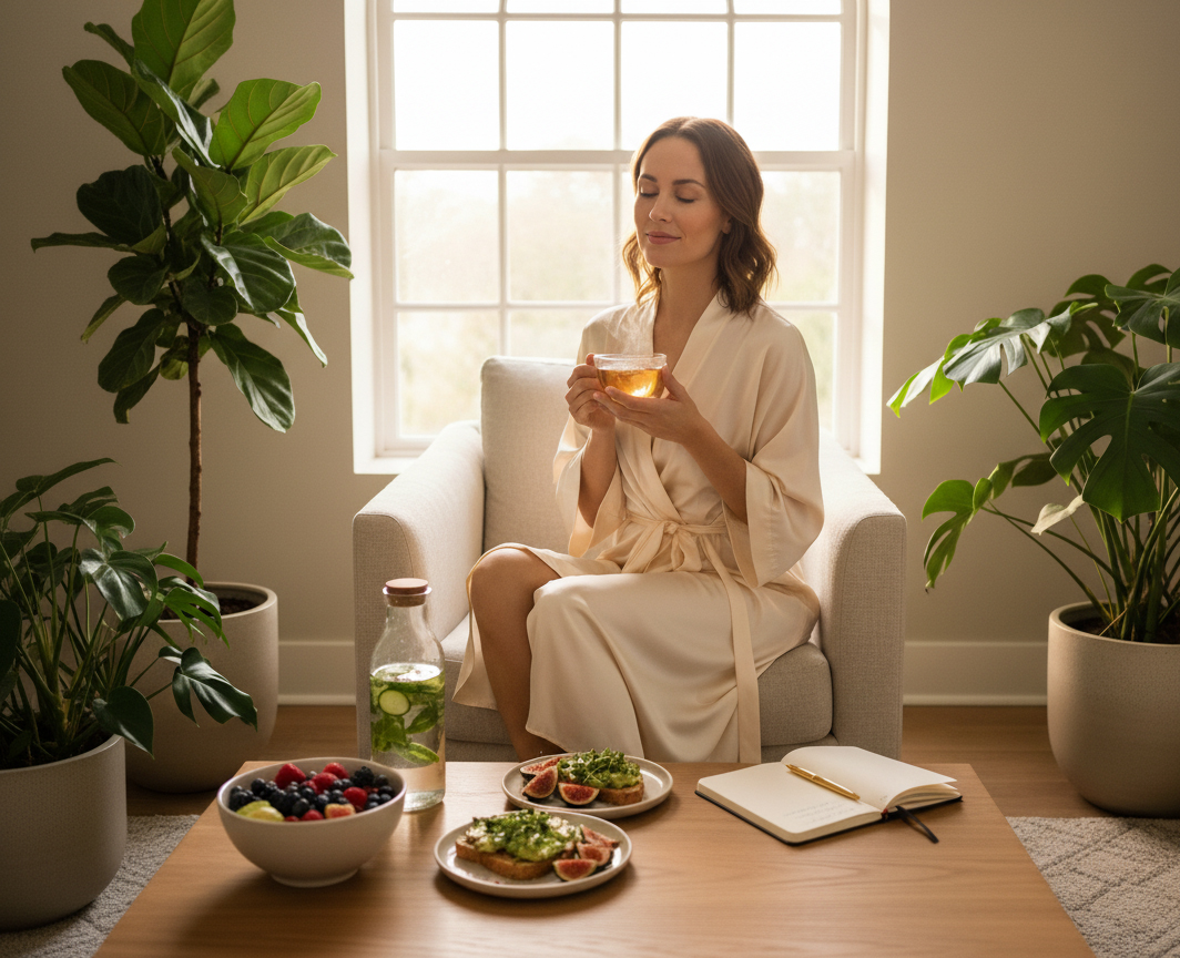A serene woman in a cream robe relaxes in a bright, plant-filled room, mindfully enjoying a warm cup of herbal tea. In the foreground, a wooden coffee table displays a nutrient-dense spread: avocado toast topped with fresh figs, a bowl of mixed berries, a carafe of cucumber-infused water, and an open journal, illustrating a holistic approach to daily wellness.