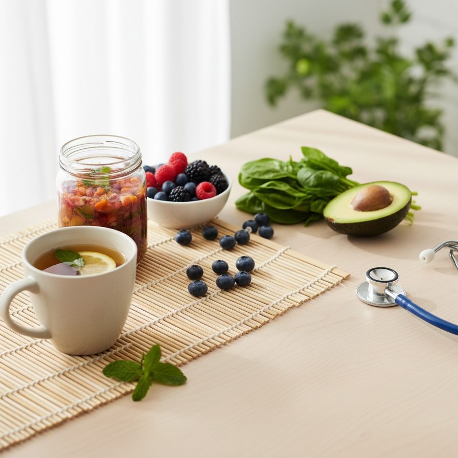 A flat lay on a light wooden desk featuring fresh spinach, an avocado half, mixed berries, lemon tea, and a blue stethoscope, representing the clinical, evidence-based approach to nutritional health at LSDC Healthcare.