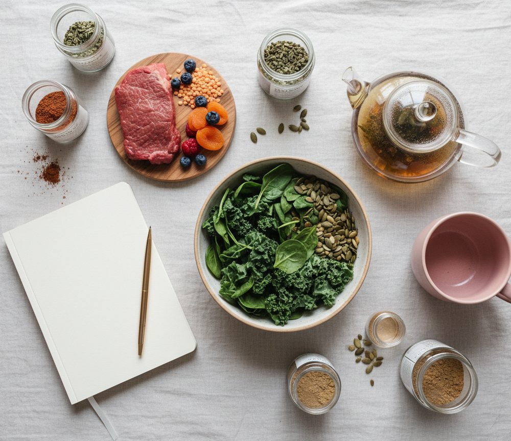 A top-down view on white linen showing a blank notebook and gold pen surrounded by nutrient-dense whole foods. Ingredients include a bowl of dark leafy greens with pumpkin seeds, a wooden board with raw red meat, red lentils, dried apricots, and fresh berries, alongside a glass teapot, an empty pink mug, and small jars of nutritional powders, representing personalized meal planning in dietetics.