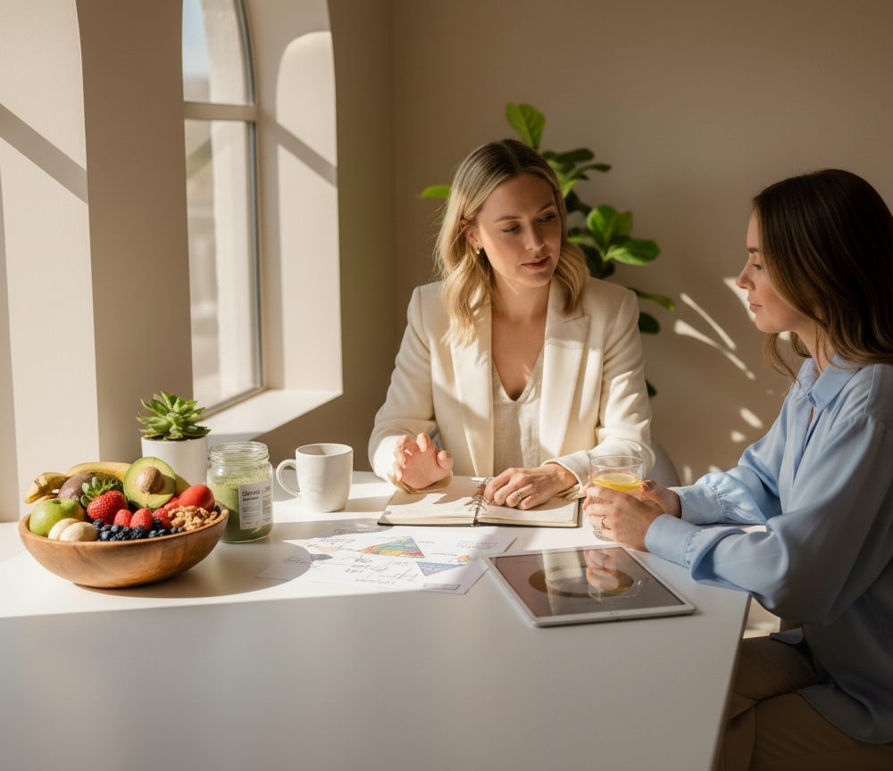 A professional dietitian in a white blazer conducts a personalized nutrition consultation with a female client at a bright, sunlit desk. The table features a vibrant fresh fruit bowl, dietary charts, a tablet, and a notebook, illustrating a collaborative dietetics appointment at LSDC Healthcare